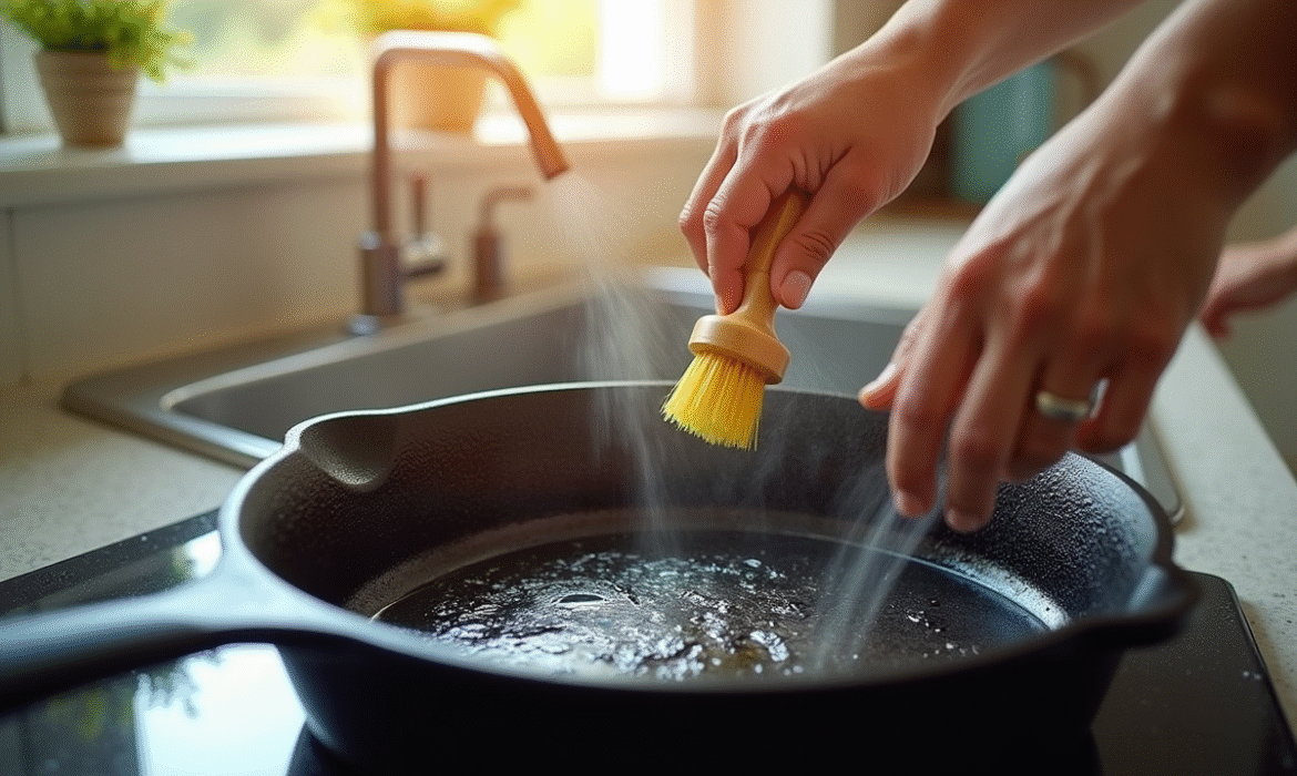 Résidus noirs poêle fonte : astuces efficaces pour nettoyer rapidement