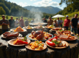 Repas traditionnel de hangi en Nouvelle Zélande avec viande vapeur et légumes