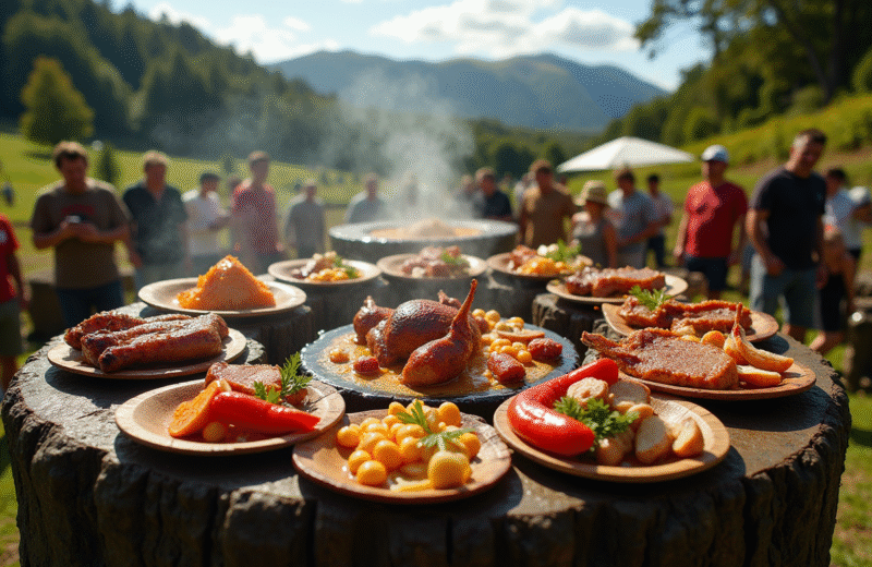 Repas traditionnel de hangi en Nouvelle Zélande avec viande vapeur et légumes
