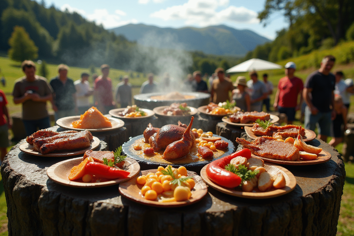 Repas traditionnel de hangi en Nouvelle Zélande avec viande vapeur et légumes