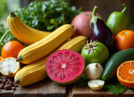 Table rustique avec fruits et legumes rares J