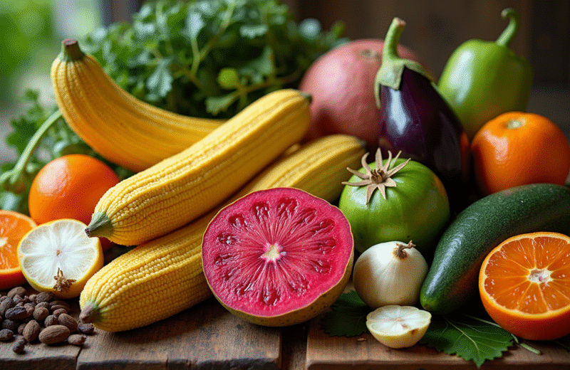 Table rustique avec fruits et legumes rares J