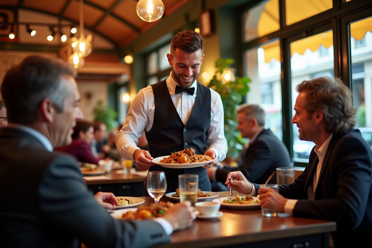 Serveur apportant un cassoulet dans un bistrot parisien animé