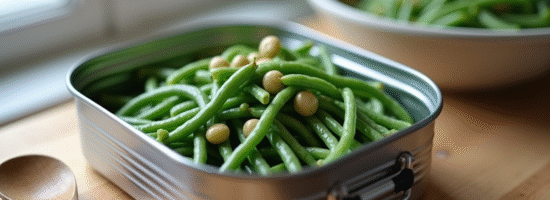 Boîte de haricots verts ouverts sur un plan de travail moderne