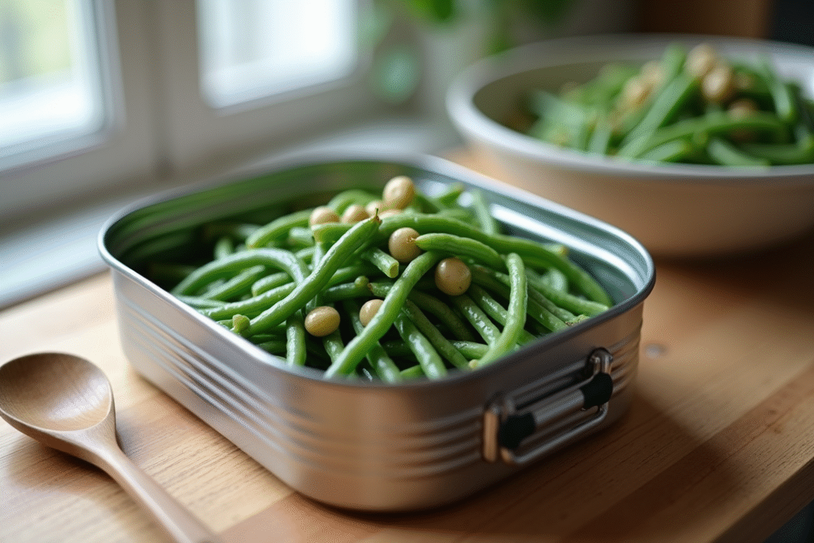 Boîte de haricots verts ouverts sur un plan de travail moderne