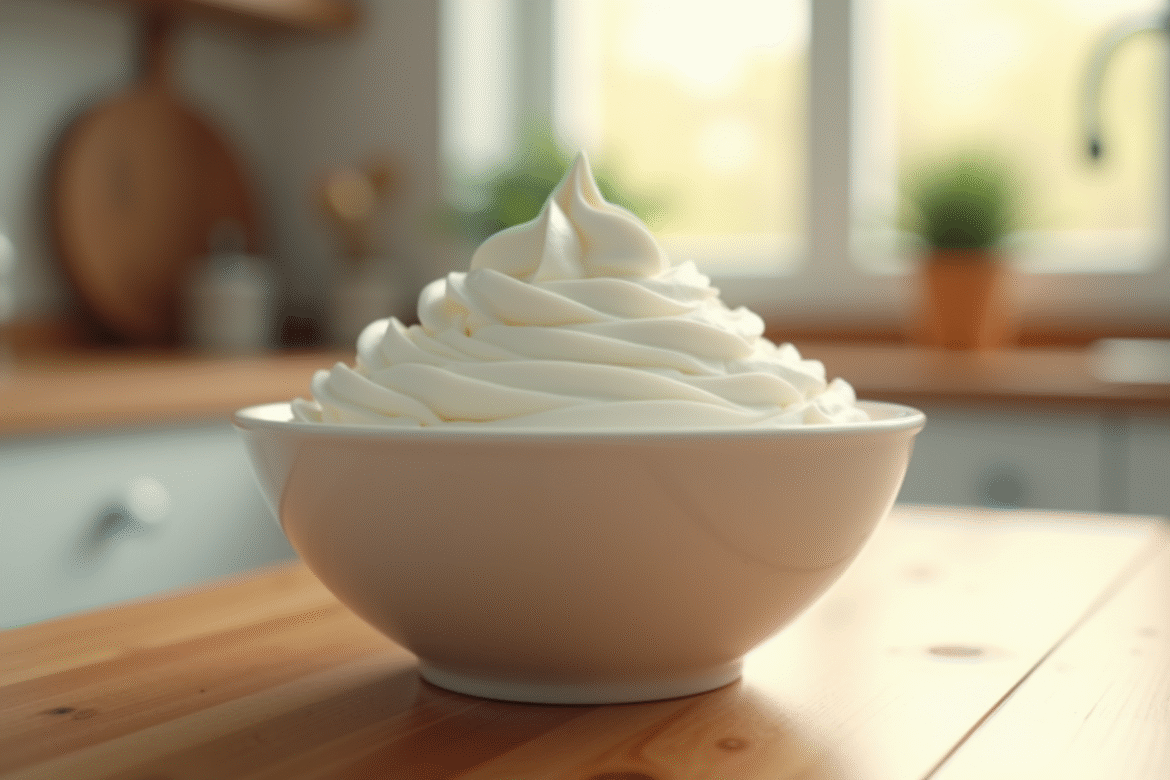 Bol de crème fouettée fraîche sur plan de travail en bois