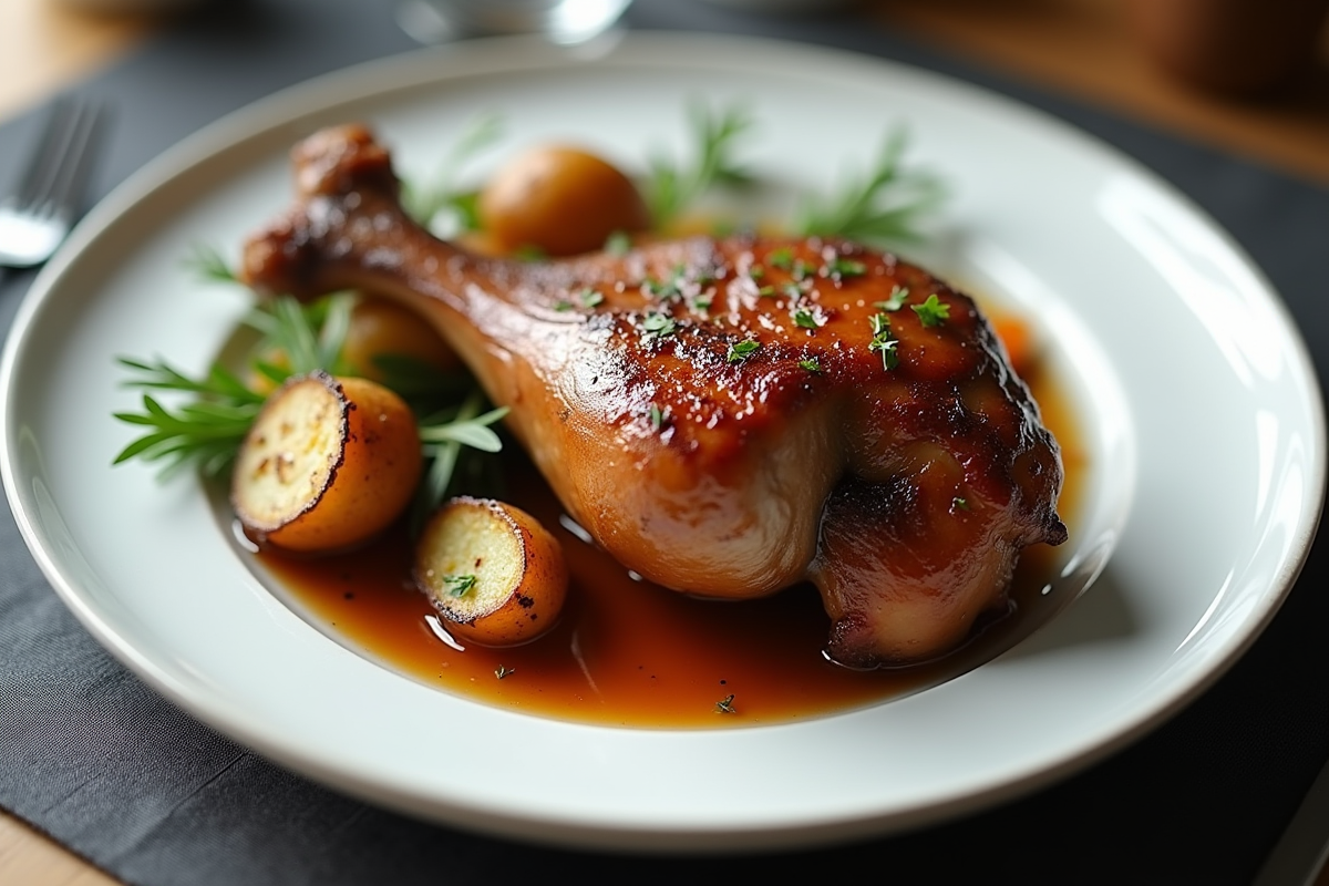 Plat de canard avec légumes rôtis et pommes de terre aux herbes