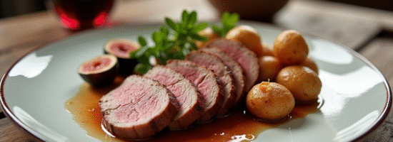 Assiette de canard tranché avec figues et pommes de terre
