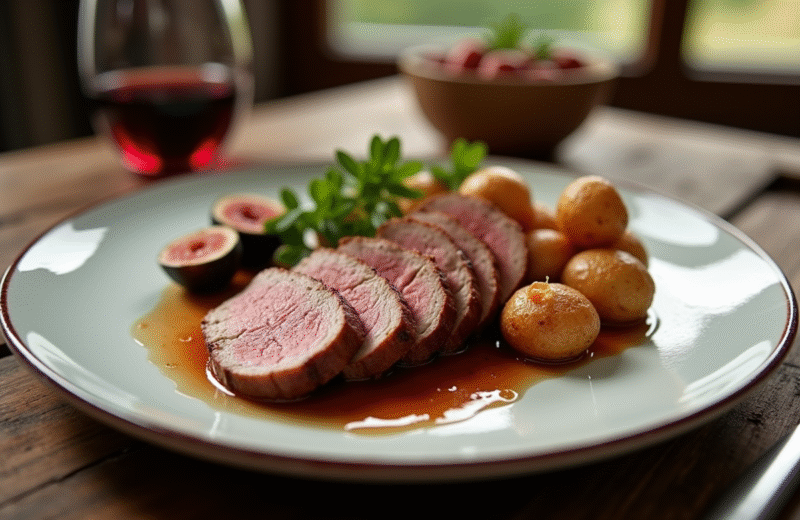 Assiette de canard tranché avec figues et pommes de terre