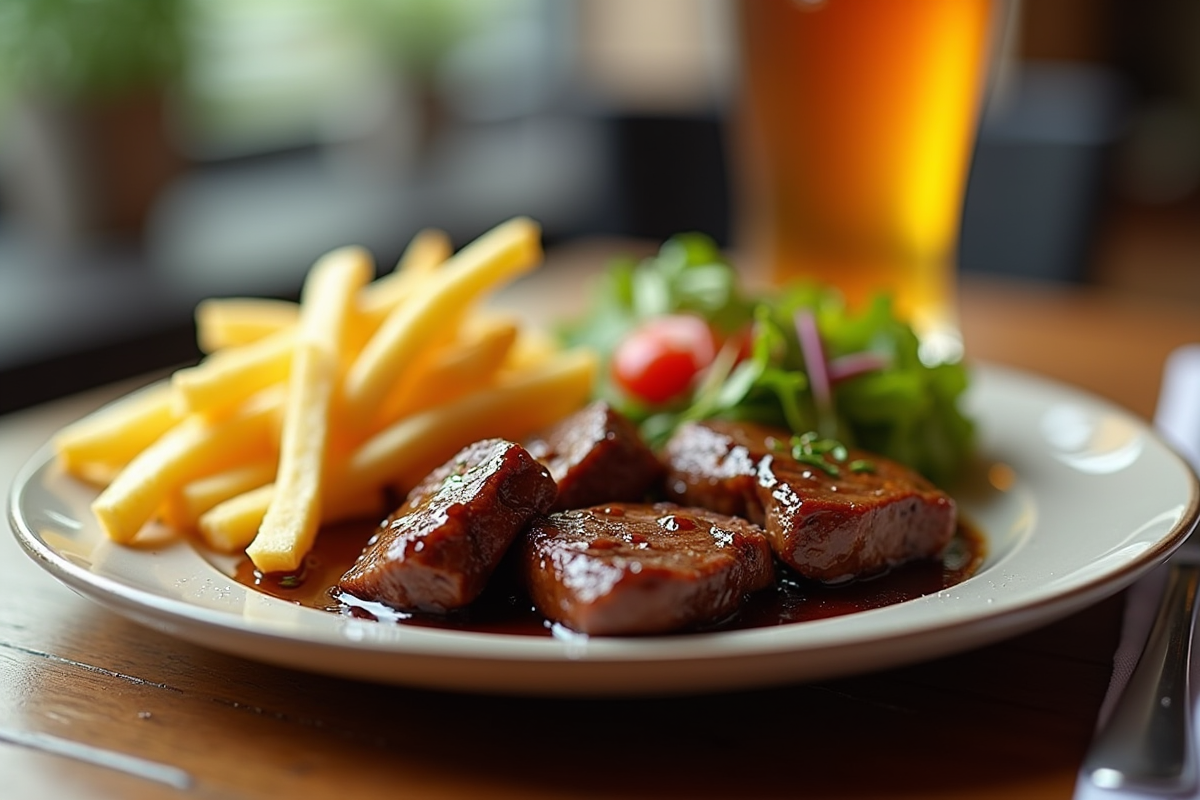 Assiette moderne de carbonade belge avec frites et salade