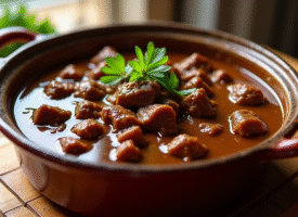 Riche carbonade belge dans un pot en céramique rustique
