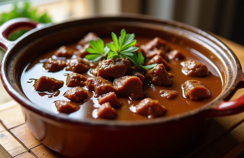 Riche carbonade belge dans un pot en céramique rustique