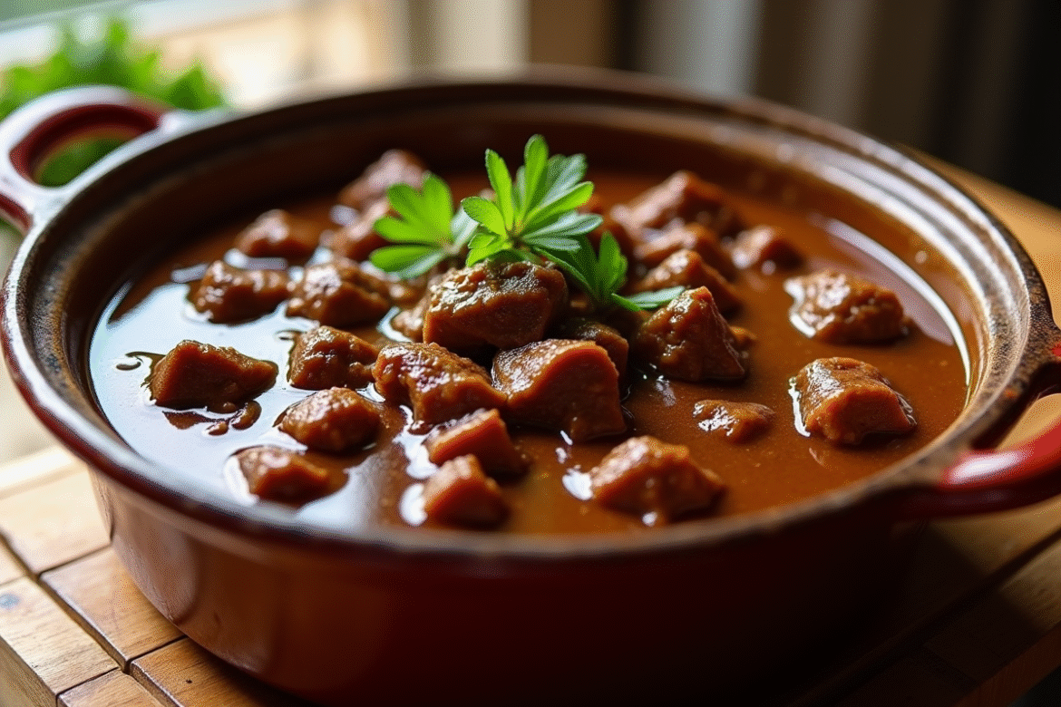 Riche carbonade belge dans un pot en céramique rustique