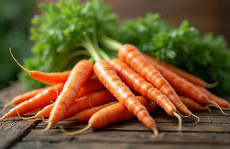 Carottes fraîches avec fanes sur une table en bois naturel