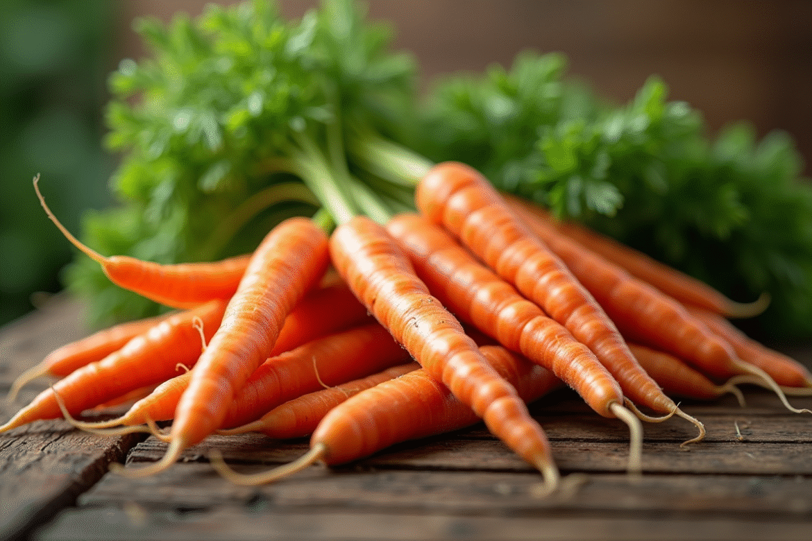 Carottes fraîches avec fanes sur une table en bois naturel