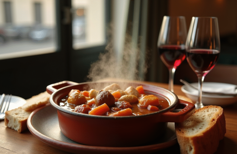 Cassoulet chaud servi dans un plat en terre cuite dans un restaurant parisien