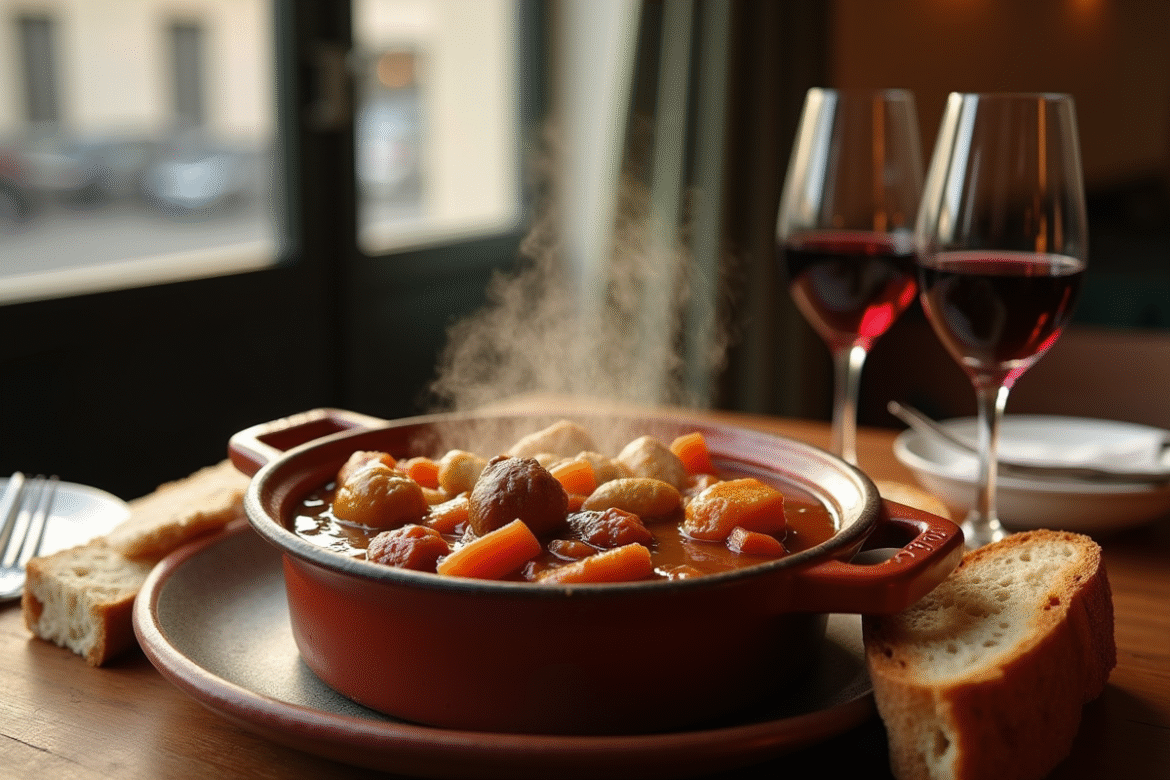 Cassoulet chaud servi dans un plat en terre cuite dans un restaurant parisien