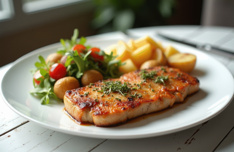 Cordon bleu servi avec salade colorée et pommes de terre