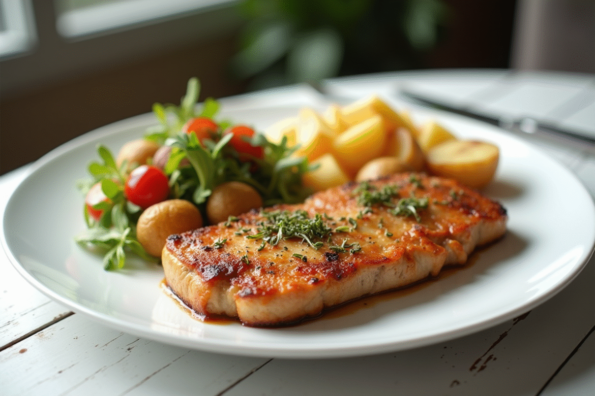 Cordon bleu servi avec salade colorée et pommes de terre