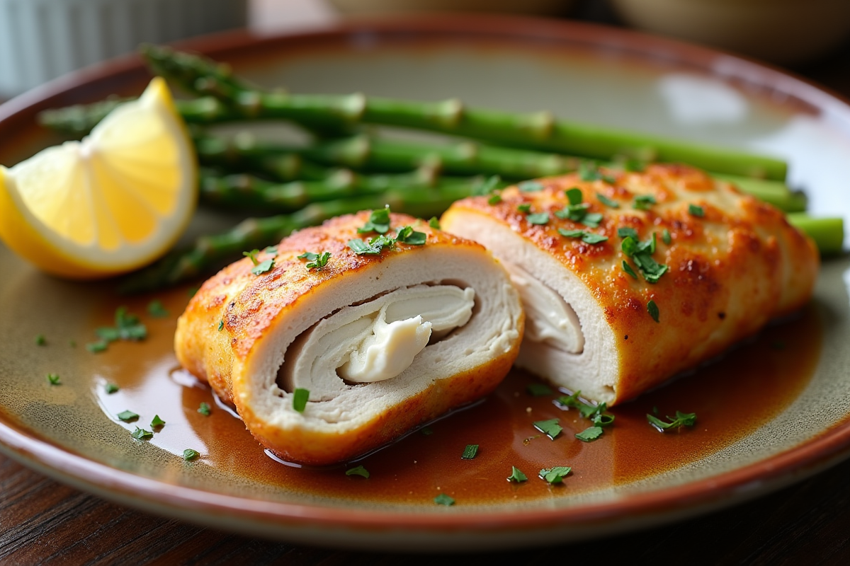 Cordon bleu tranché avec asperges et citron sur assiette rustique