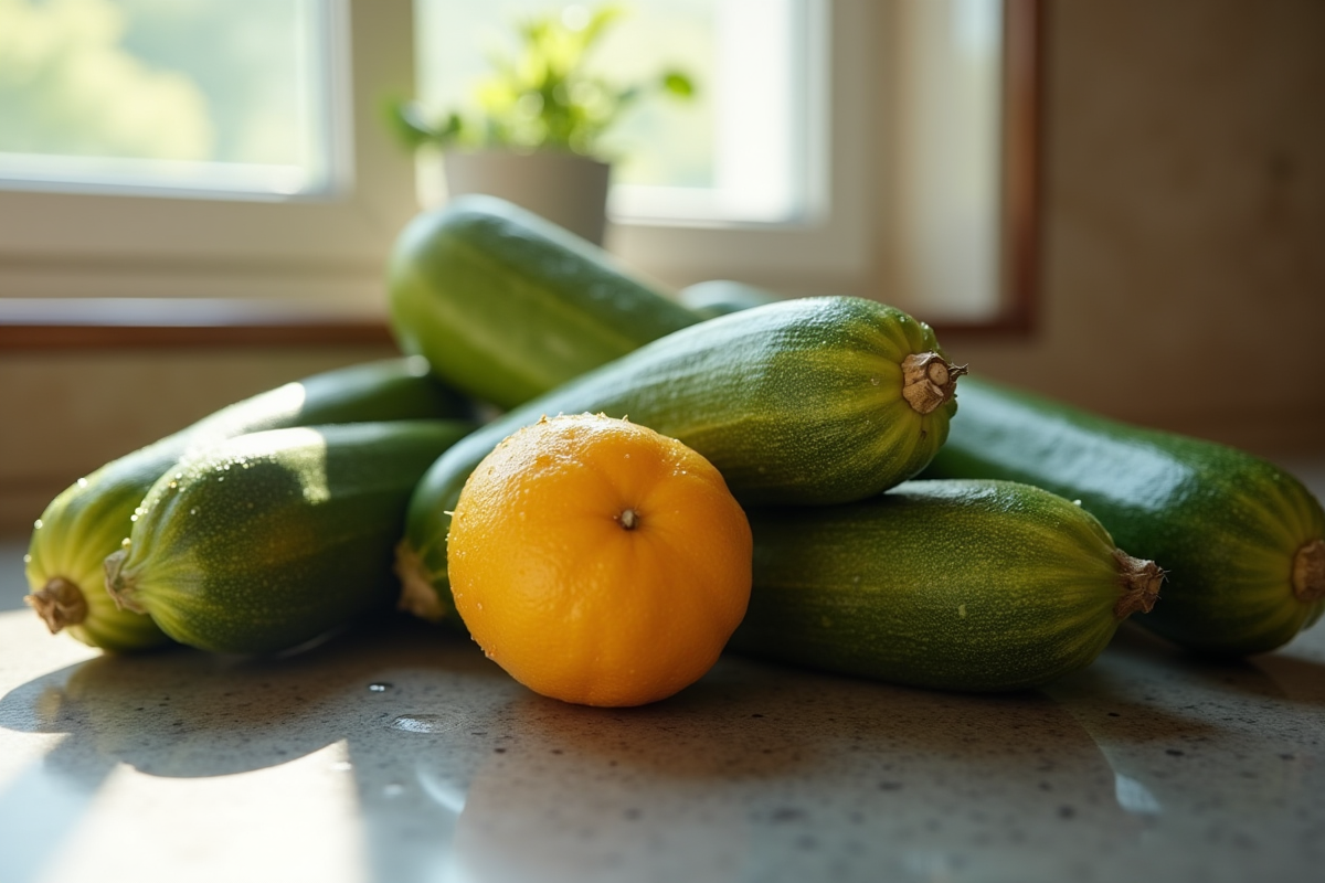 Courgettes et zapote fraîchement lavés sur plan de travail