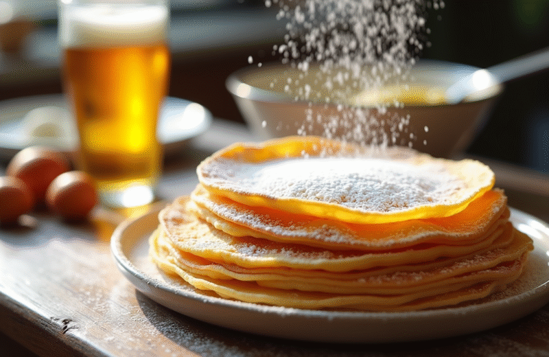 Crêpes empilées avec sucre glace sur une table en bois