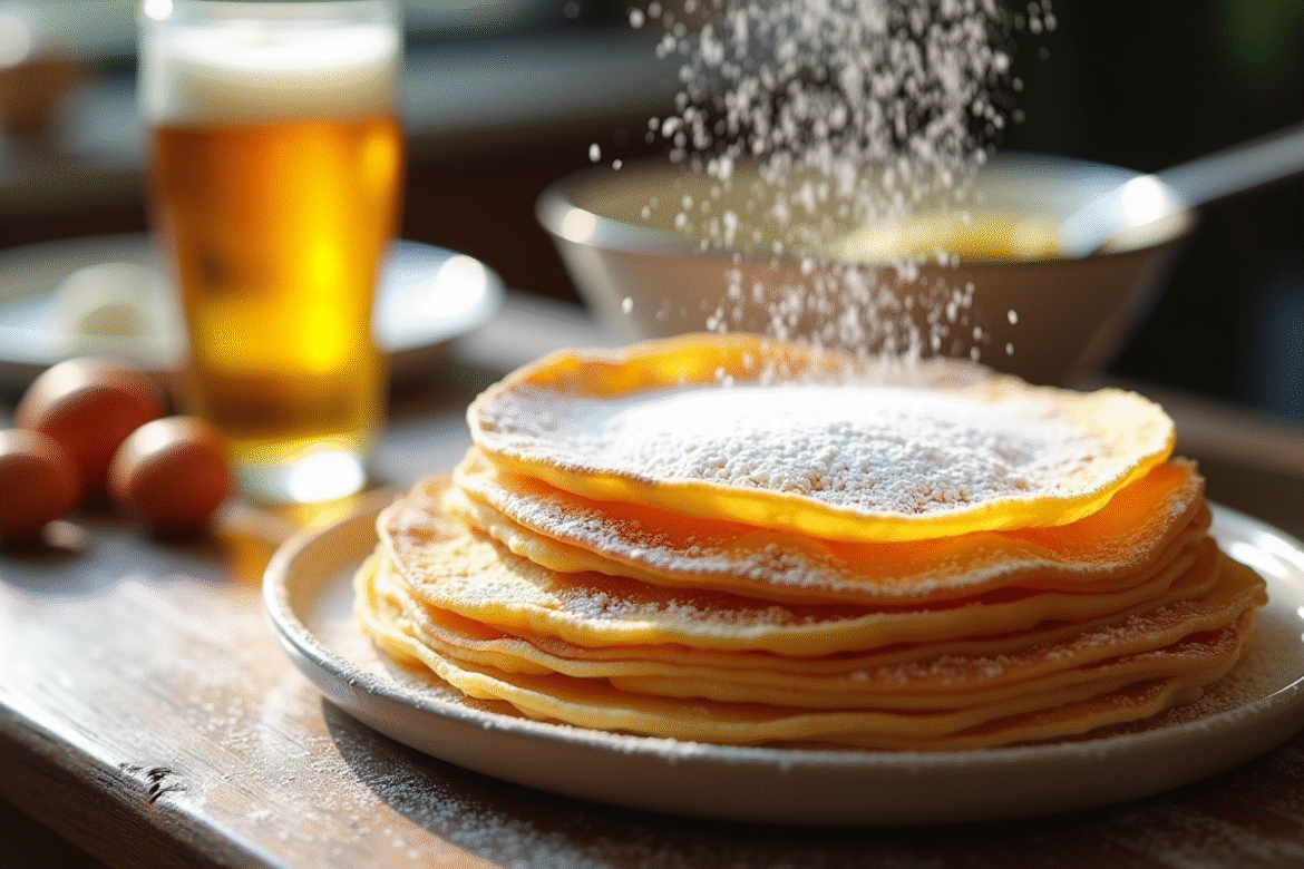 Crêpes empilées avec sucre glace sur une table en bois