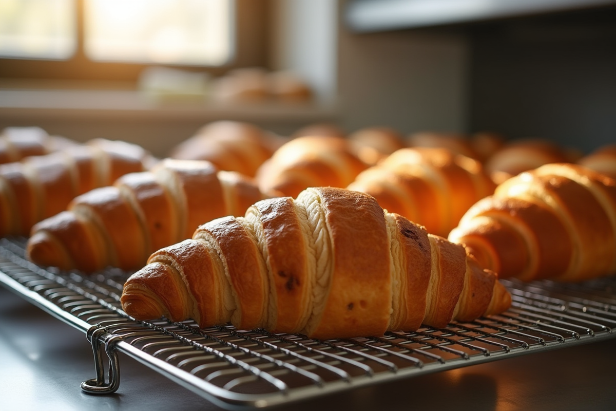 Croissants dorés refroidissant dans une boulangerie