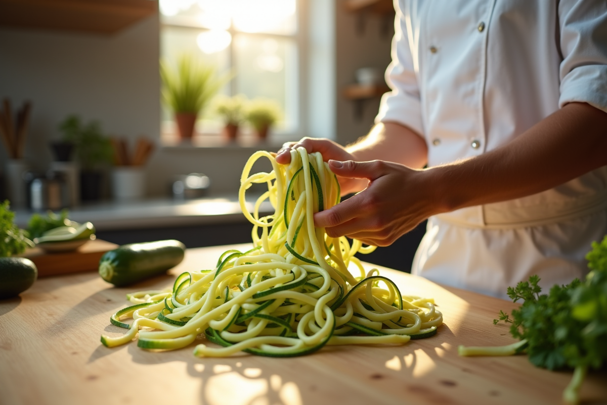 Chef spiralise des courgettes en cuisine moderne