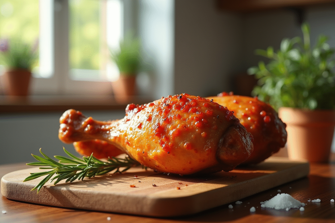 Cuisse de canard croustillante sortie de la friteuse à air