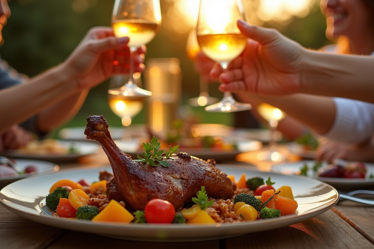 Dîner en plein air entre amis avec magret de canard