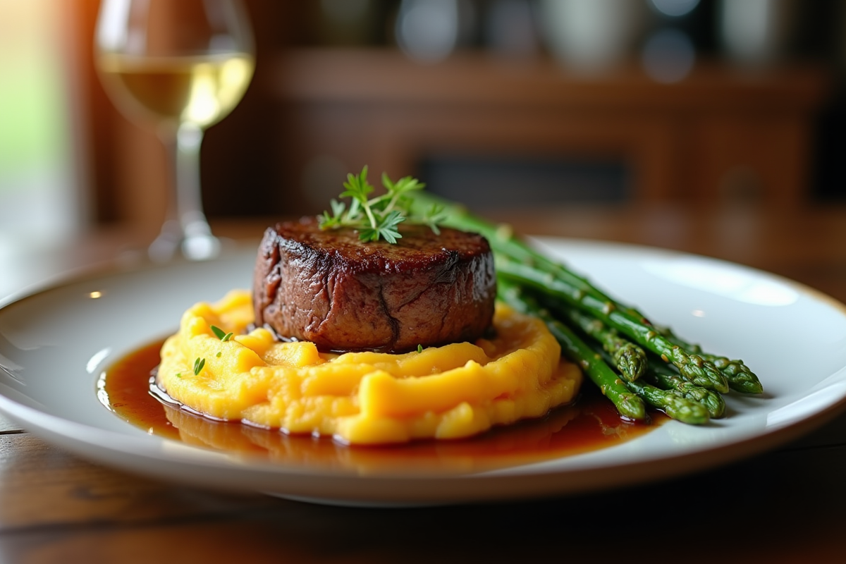 Filet mignon avec purée de patates douces et asperges