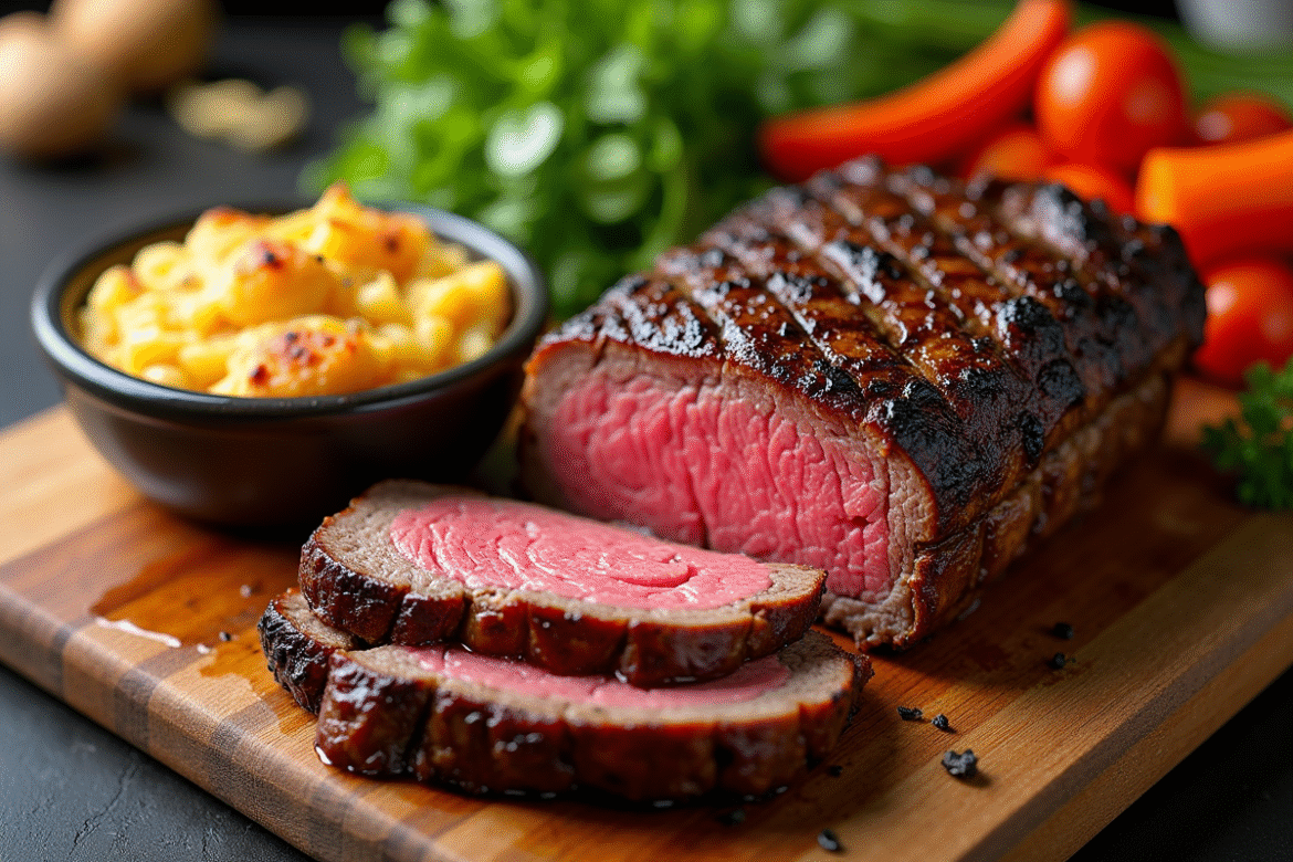Filet mignon tranché avec légumes colorés et gratin