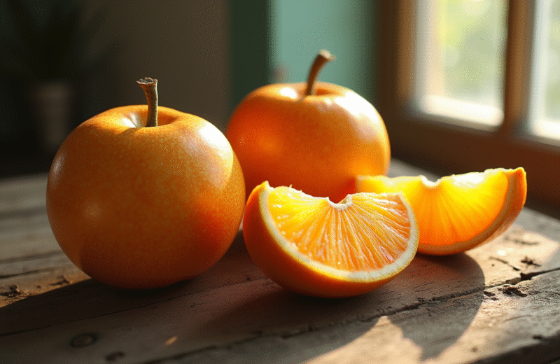 Fruit en X entier et tranché sur une table en bois