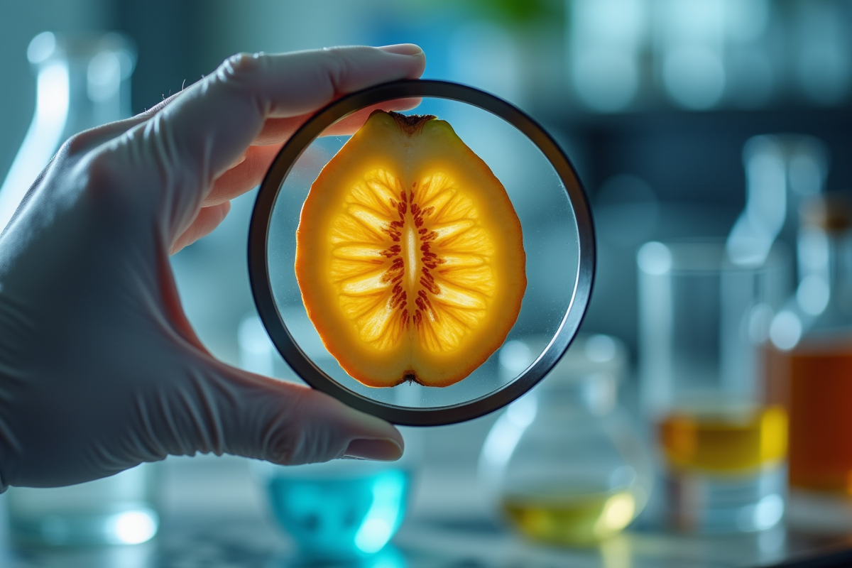 Main de scientifique tenant un fruit en X sous une loupe