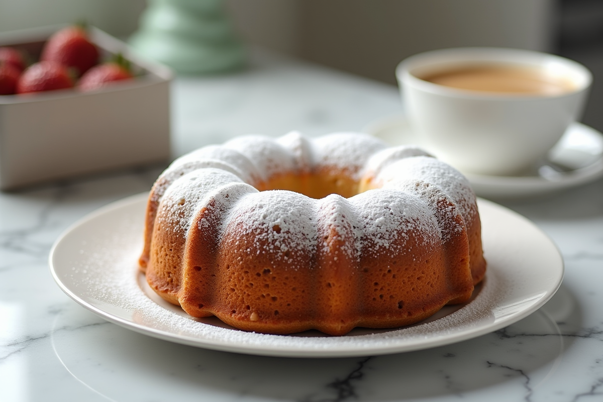 Gâteau au café entier avec sucre glace sur plan marble