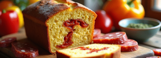 Pain de chorizo et poivron tranché sur table en bois