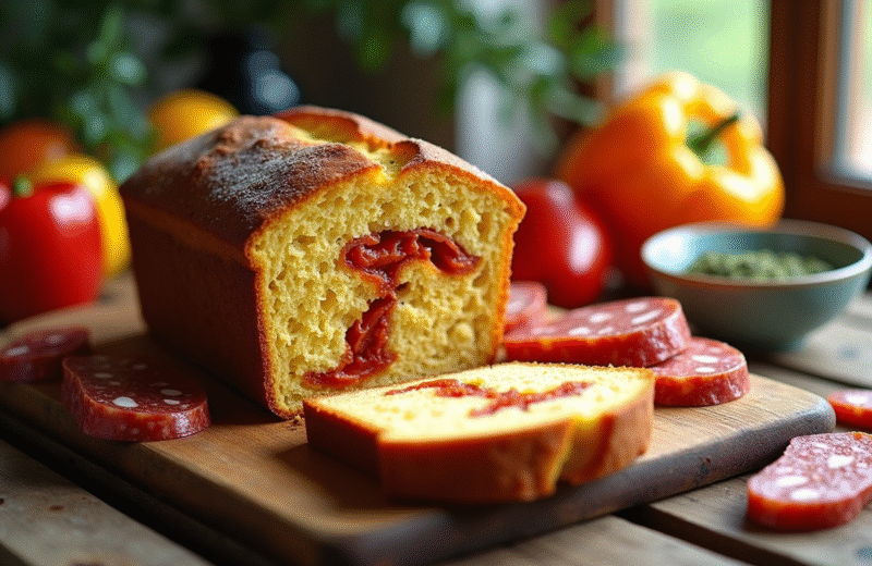 Pain de chorizo et poivron tranché sur table en bois