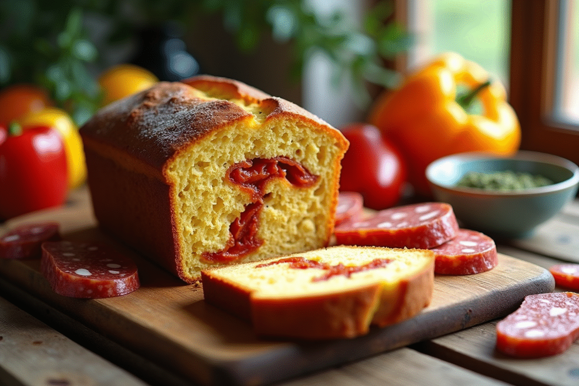 Pain de chorizo et poivron tranché sur table en bois
