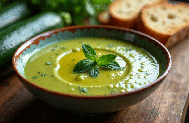 Bol de gazpacho de courgette frais avec herbes et huile d'olive