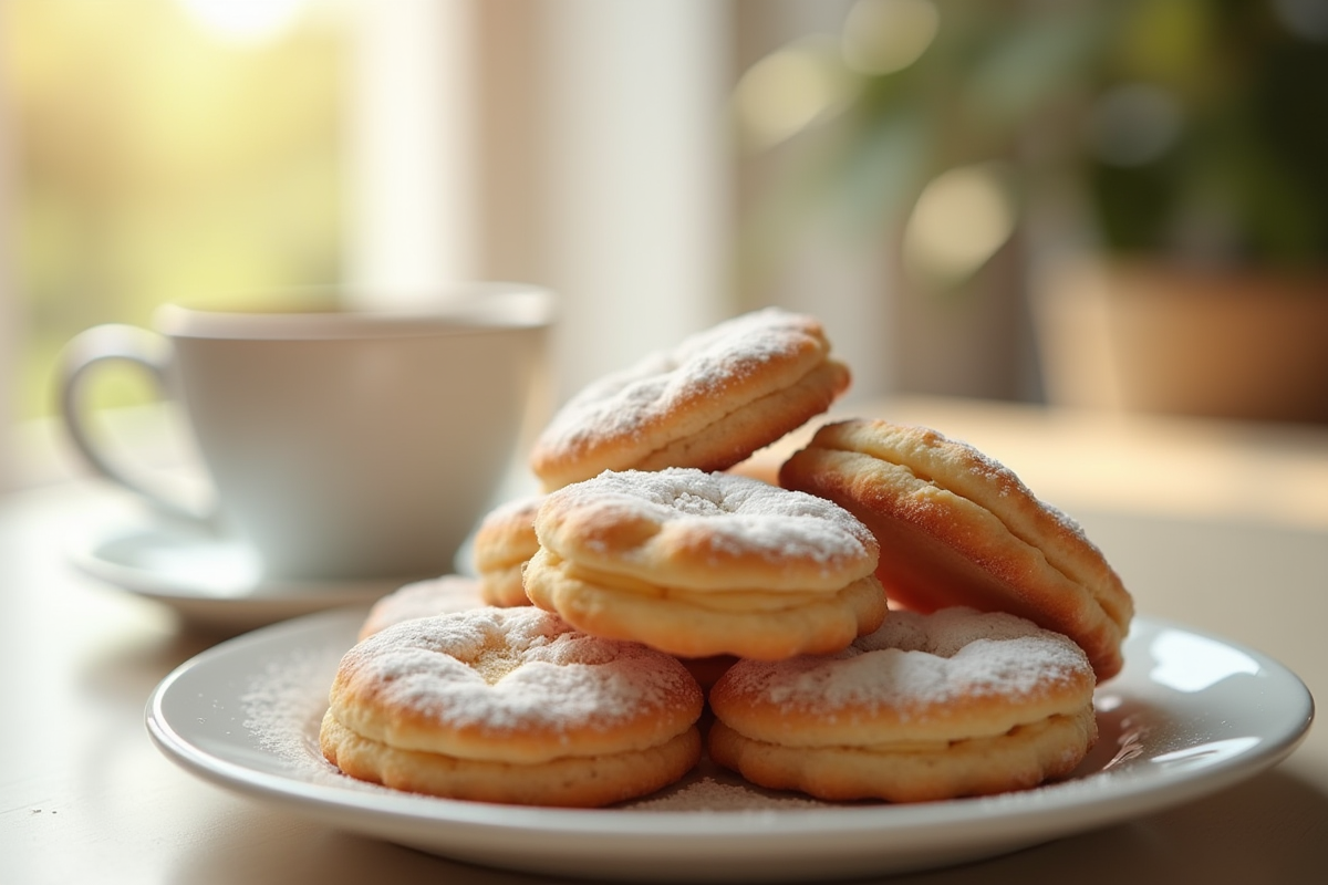 Gros plan de biscuits à la madeleine saupoudrés de sucre glace avec café