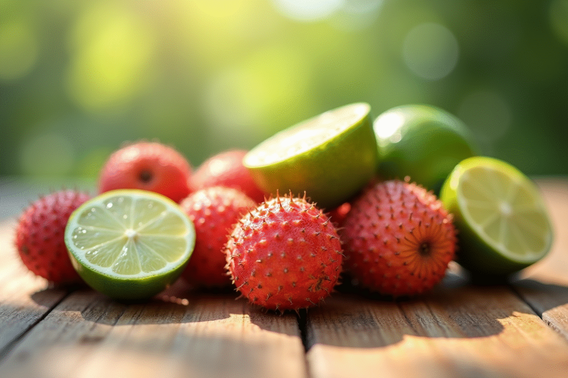 Lychees et citrons verts frais sur une table en été