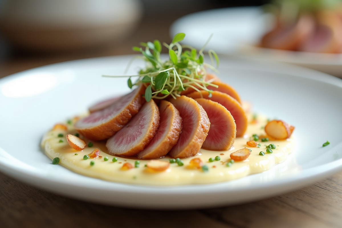 Magret de canard tranché sur purée de panais avec garniture