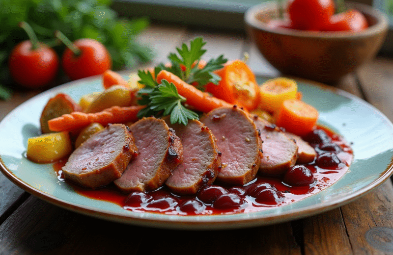 Assiette de magret de canard tranché avec sauce cerise et légumes