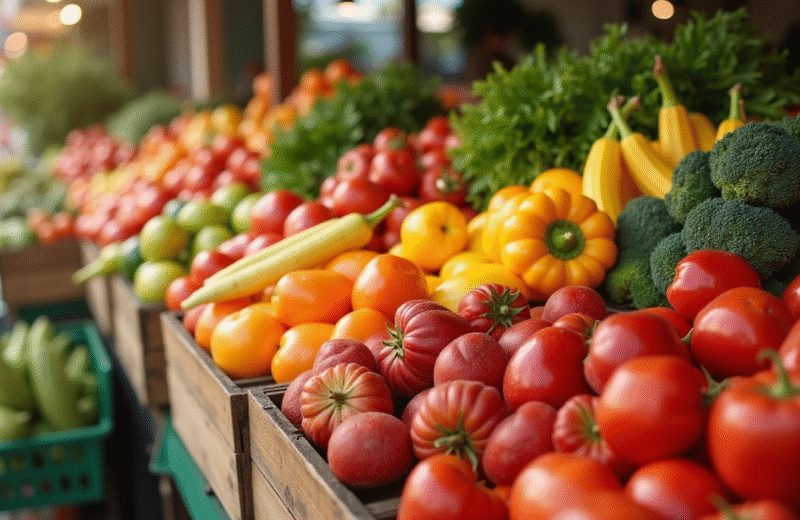 Marché fermier avec fruits et légumes Z colorés