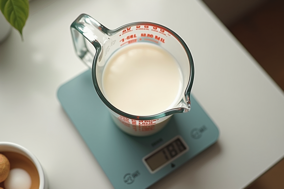 Verre doseur de lait à 200ml sur balance de cuisine