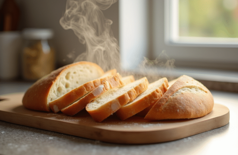 Pain rustique fraîchement tranché sur une planche en bois