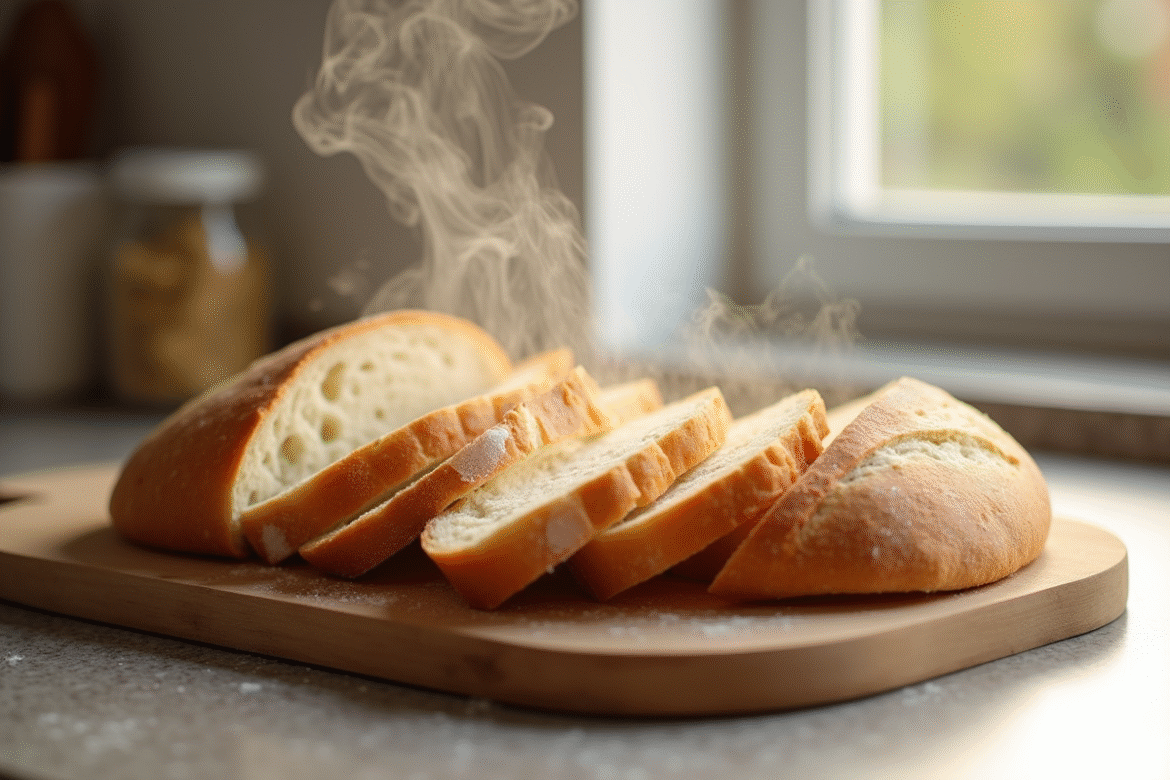 Pain rustique fraîchement tranché sur une planche en bois