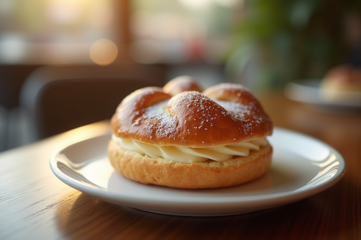 Un ParisBrest sur une assiette en céramique avec fond flou de café