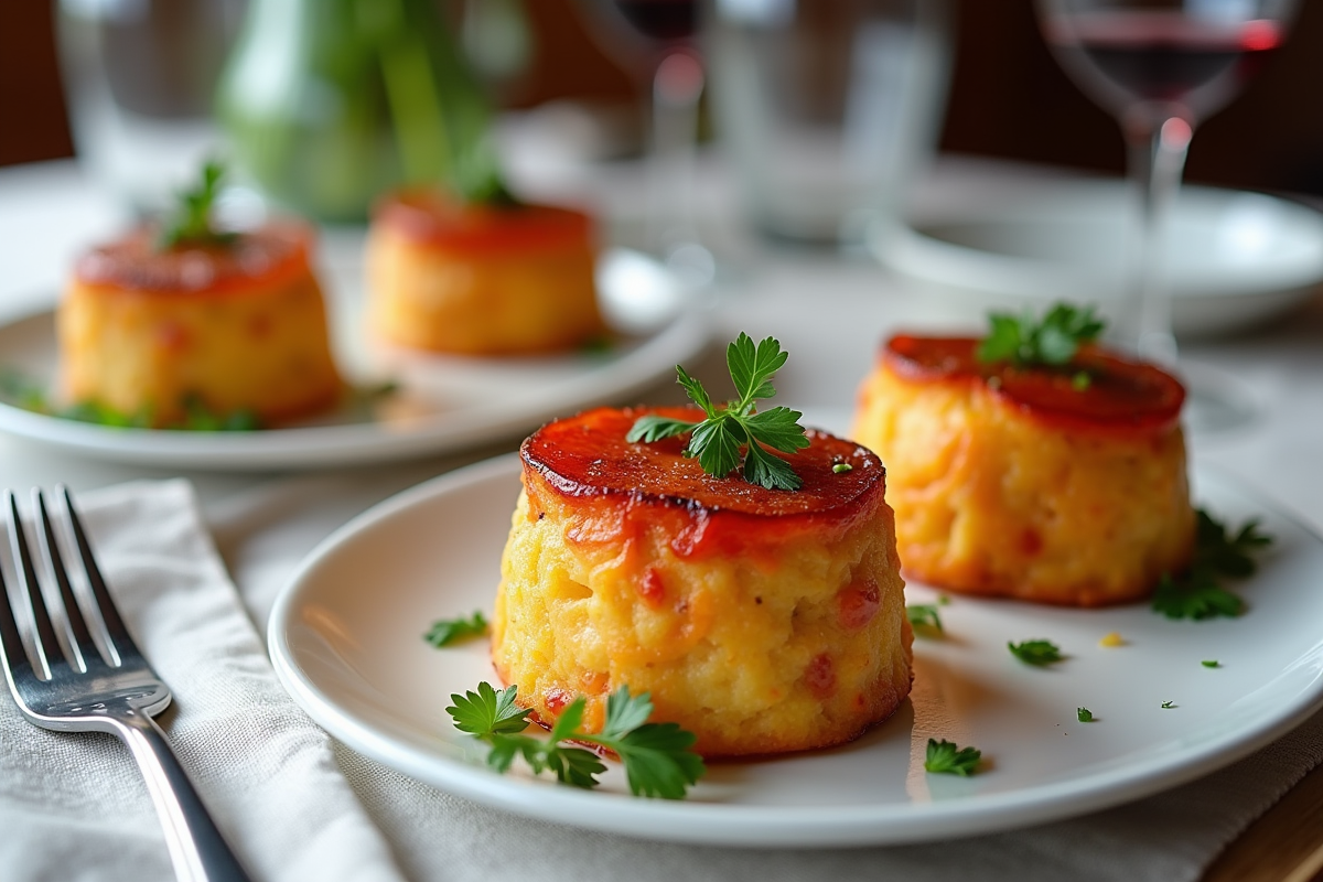 Parties de gateau poivron chorizo sur assiettes blanches